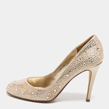Pre Owned Gina Gold Satin Crystal Embellished Pumps Size 40.5 