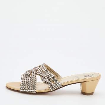 Pre Owned Gina Beige Crystal Embellished Leather Slide Sandals Size 38