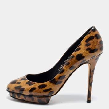 Pre Owned Gina Brown Leopard Print Patent Leather Round Toe Pumps Size 38