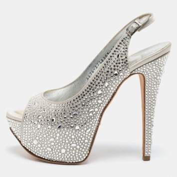 Pre Owned Gina Grey Crystal Embellished Satin Slingback Platform Peep Toe Sandals Size 38.5