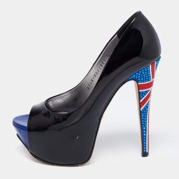 Pre Owned Gina Black Patent Leather Crystal Embellished Peep Toe Platform Pumps Size 37