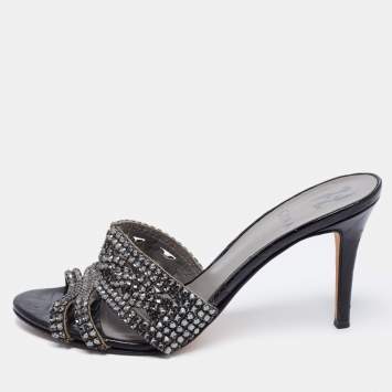 Pre Owned Gina Black Croc Embossed Patent Leather Crystal Embellished Slides Sandals Size 39