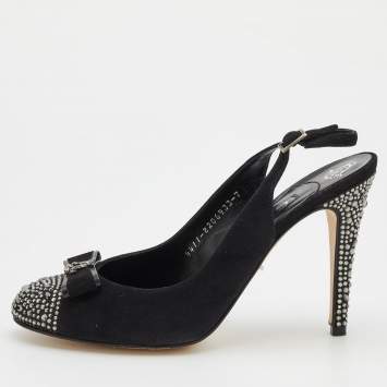 Pre Owned Gina Black Suede And Satin Crystal Embellished Cap Toe Slingback Sandals Size 40