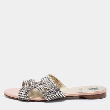 Pre Owned Gina Silver/Pink Crystal Embellished Leather Flat Slides Size 37.5