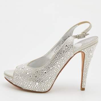 Pre Owned Gina Light Grey Satin Crystal Embellishment Slingback Sandals Size 39