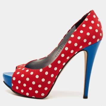Pre Owned Gina Red/Blue Polka Dot Print Canvas Peep Toe Platform Pumps Size 38