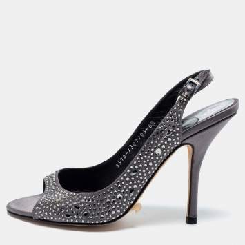 Pre Owned Gina Grey Satin Crystal Embellished Open Toe Slingback Sandals Size 39.5 