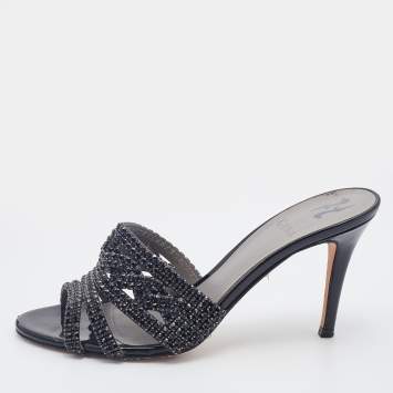 Pre Owned Gina Black Patent Leather Crystal Embellished Slides Sandals Size 38