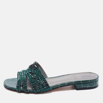 Pre Owned Gina Green Croc Embossed Patent Leather Visage Slide Sandals Size 37.5