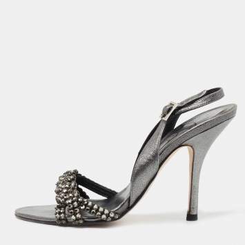 Pre Owned Gina Black Leather Crystal Embellished Slingback Sandals Size 37.5