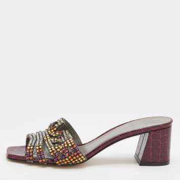 Pre Owned Gina Multicolor Crystal Embellished Leather Visage Slide Sandals Size 39