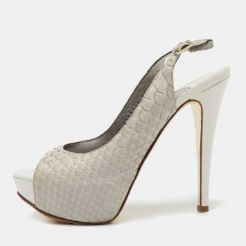 Pre Owned Gina Grey Python Leather Peep-Toe Platform Slingback Sandals Size 37.5