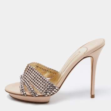 Pre Owned Gina Beige Leather Crystal Embellished Slide Sandals Size 38.5