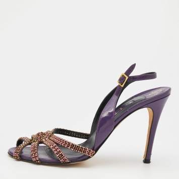 Pre Owned Gina Purple Patent Leather Crystal Embellished Slingback Sandals Size 40.5