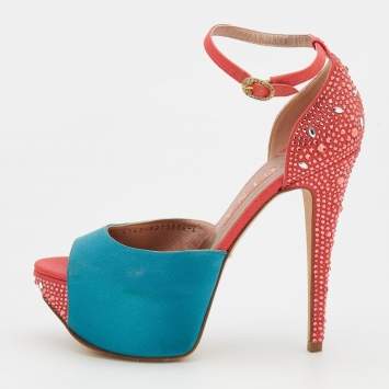 Pre Owned Gina Turquoise/Red Satin and Canvas Crystal Embellished Platform Ankle Strap Sandals Size 39