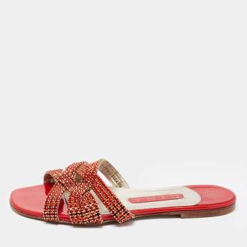 Pre Owned Gina Red/Gold Crystal Embellished Leather Flat Slides Size 37