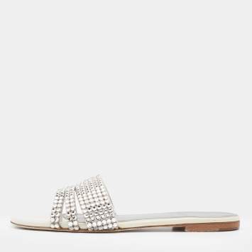 Pre Owned Gina Off White/Silver Patent Leather Crystal Embellished Flat Slides Size 37.5