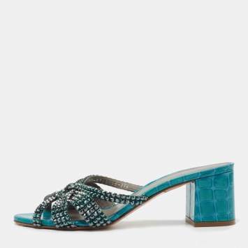Pre Owned Gina Teal Crystal Embellished Leather Dexie Slide Sandals Size 37.5