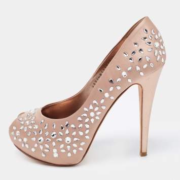 Pre Owned Gina Beige Satin Embellished Peep Toe Platform Pumps Size 39.5