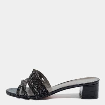 Pre Owned Gina Black Croc Embossed Patent Crystal Embellished  Loren Slides Size 41
