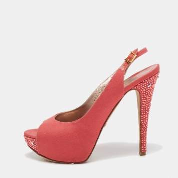 Pre Owned Gina Coral Pink Canvas Crystal Embellished Open Toe Slingback Pumps Size 39.5