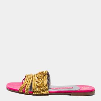 Pre Owned Gina Pink/Gold Crystals Embellished Patent Leather Flat Slides Size 37