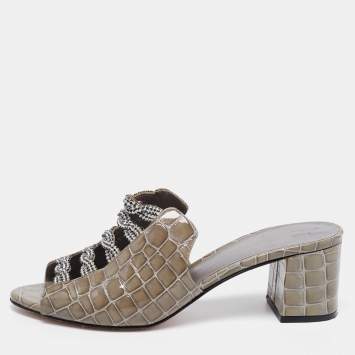 Pre Owned Gina Green Croc Embossed Patent Leather Crystal Block Heel Sandals Size 41