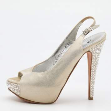 Pre Owned Gina Metallic Silver/Gold Leather Crystal Embellished Platform Slingback Pumps Size 36.5