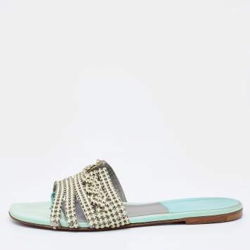 Pre Owned Gina Green/Grey Crystal Embellished Leather Thong Flat Slides Size 37.5
