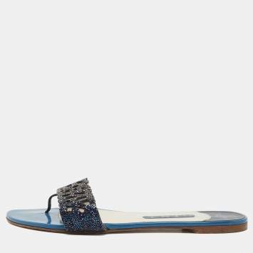 Pre Owned Gina Blue Crystal Embellished Leather Flat Slides Size 41.5