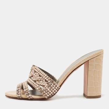 Pre Owned Gina Beige Crystal Embellished Leather Slide Sandals Size 39