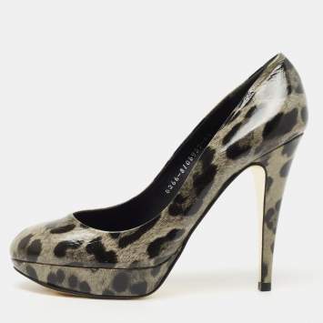 Pre Owned Gina Grey/Black Leopard Print Patent Leather Platform Pumps Size 39.5