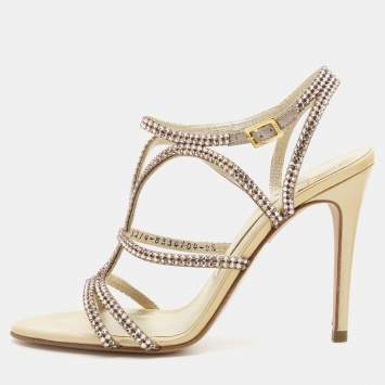 Pre Owned Gina Metallic Gold Leather Crystal Embellished Ankle Strap Sandals Size 37.5