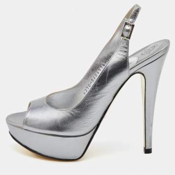 Pre Owned Gina Metallic Grey Leather Open Toe Platform Slingback Pumps Size 36.5