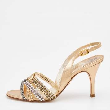 Pre Owned Gina Metallic Gold Leather Crystal Embellished Slingback Sandals Size 37