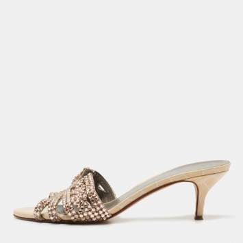Pre Owned Gina Golden Croc Embossed Leather Crystal Embellished Slides Size 39.5  