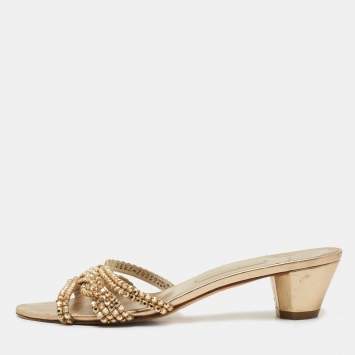 Pre Owned Gina Silver/Gold Leather Crystal Embellished Slide Size 40