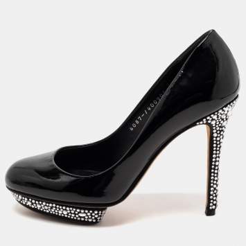 Pre Owned Gina Black Patent Leather Crystal Embellished Heel Platform Pumps Size 37.5