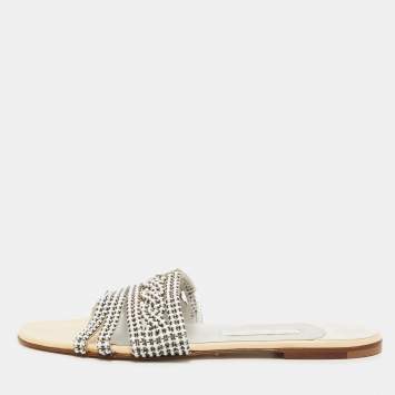 Pre Owned Gina Cream Leather Crystal Embellished Flat Slides Size 40.5