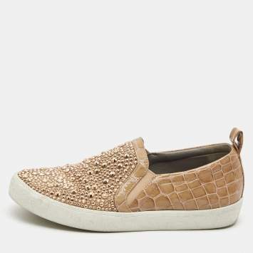 Pre Owned Gina Beige Croc Embossed Leather and Crystal Embellished  Slip On Sneakers Size 40