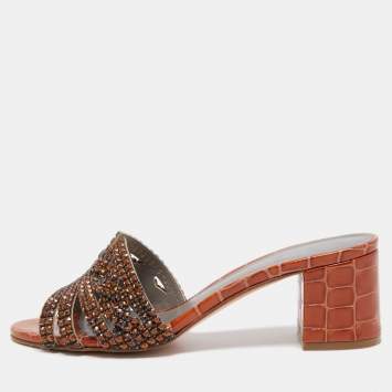 Pre Owned Gina Dark Orange Crystal Embellished Leather Block Heel Slide Sandals Size 36.5