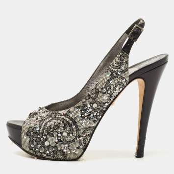 Pre Owned Gina Black Lace Crystal Embellished Peep Toe Slingback Platform Pumps Size 37.5