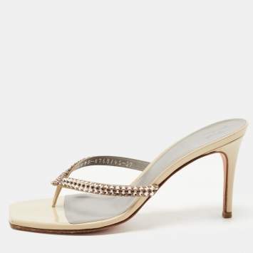 Pre Owned Gina Grey Crystal Embellished Leather Slide Sandals Size 37