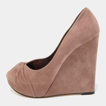 Pre Owned Gina Dusty Pink Pleated Suede Wedge Pumps Size 38