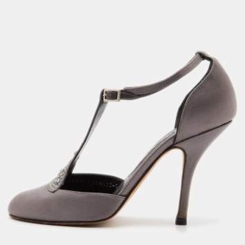 Pre Owned Gina Grey Satin Crystal Embellished T-Bar Ankle Strap Pumps Size 37
