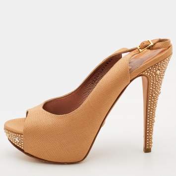 Pre Owned Gina Beige Canvas Crystal Embellished Peep Toe Slingback Platform Sandals Size 39.5