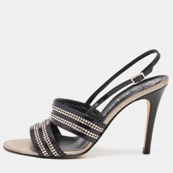 Pre Owned Gina Black Patent Leather Crystal Embellished Slingback Sandals Size 41