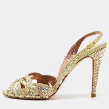 Pre Owned Gina Olive Green Satin Crystal Embellished Slingback Sandals Size 40.5