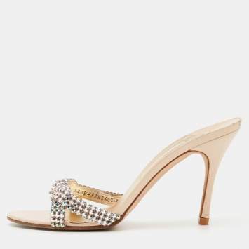 Pre Owned Gina Beige Leather Crystal Embellished Slide Sandals Size 41