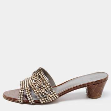 Pre Owned Gina Dark Brown Crystal Embellished Leather Slide Sandals Size 38